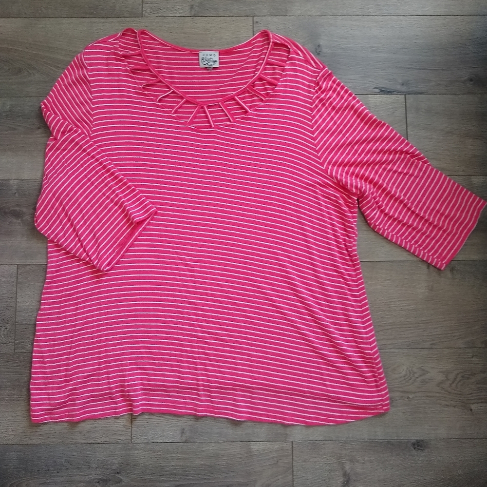 Como Vintage Coral and White Stripe 3/4 Length Sleeve Top 1X